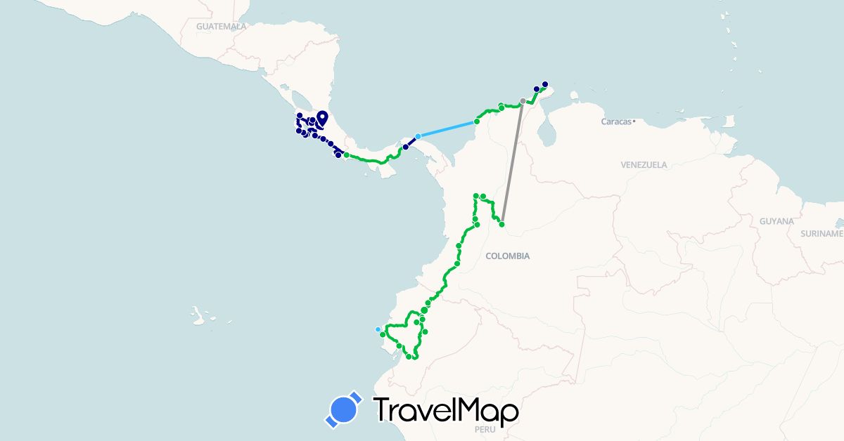 TravelMap itinerary: driving, bus, plane, boat in Colombia, Costa Rica, Ecuador, Panama (North America, South America)